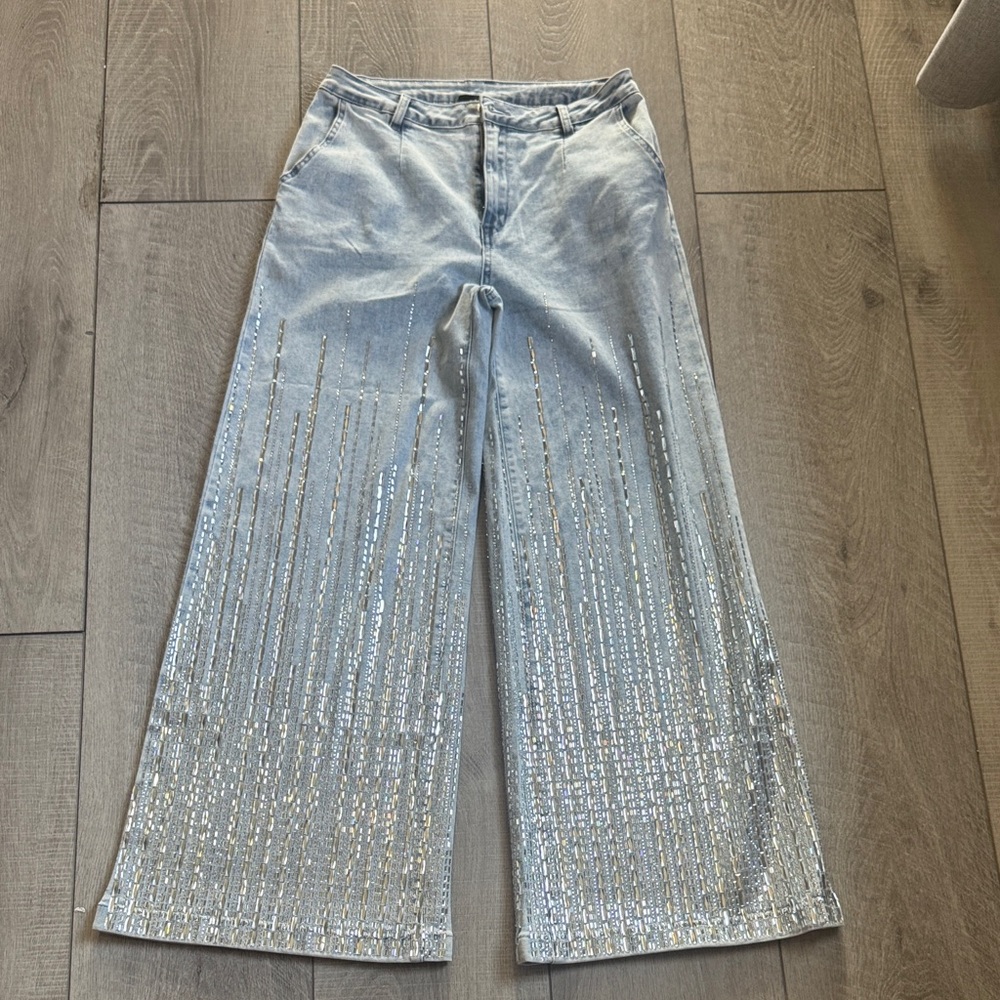AKIRA Light Blue Wide Leg Jeans with Silver Sequin Stripe Detail